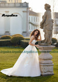 Runhufu Sparkly Strapless Wedding Dresses for Women Appliques A Line Tulle Sleeveless Lace Up Court Train Made To Order