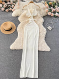 Runhufu Spaghetti Strap Knitted Beach Long Dress Summer Vintage Hollow Out Sheath Sundress 2024 Elastic Backless Sexy Dress