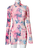 Runhufu See Through Floral Print Mesh Bodycon Mini Dress Women Sexy Flare Long Sleeve High Neck Party Club Dress Fall Streetwear
