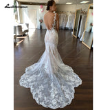 Runhufu Off White V Neck Lace Appliques Illusion Court Train Wedding Dress 2024 Boho Mermaid Bridal vestido branco sereia