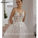 Runhufu Bohemia Lace Wedding Dresses V-Neck Spaghetti Straps High Split Tulle Appliques Bridal Gowns Backless Bride Dress