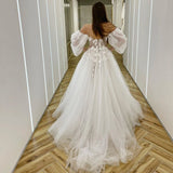 Runhufu Tulle A Line Wedding Dresses 3D Flowers Off Shoulder High Split Beach Bridal Gowns Backless Long Wedding Bride Dress
