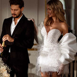 Runhufu Sequins Pearls Wedding Dress Sexy Deep V-neck Mini Bride Robe Luxury Graceful Feathers Bridal Gown Robe De Mari¨¦e