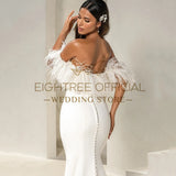 Runhufu Formal Mermaid Wedding Dresses Off The Shoulder Feather Bridal Dress Boho Wedding Evening Prom Gowns bestidos de novia