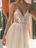 Runhufu Spaghetti Straps Wedding Dresses for Woman V-neck Lace Appliques Backless Beach Bridal Gown Bohemian Robe De Mariee A Line