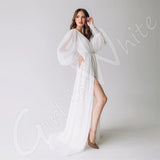 Runhufu V-neck Chiffon Wedding Dresses Full Sleeves Bridal Robes A Line Bride Gown With High Slit Vestido De Noiva Custom Plus Size