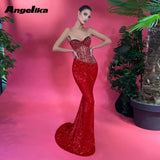 Runhufu Fashionable Sequin Prom Dress for Women Sweetheart Rhinestones Glitter Strapless Mermaid Vestidos Robes De Soiree