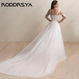 Runhufu Elegant Wedding Dresses For Woman Long Sleeves Scoop Illusion Bridal Gowns Lace Applique A-Line Tulle vestido de noiva