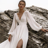 Runhufu Elegant White A-Line Wedding Dresses Puff Sleeve V-Neck Bridal Gowns Boho Beach Lace High Split Wedding Prom Gowns Plus Size
