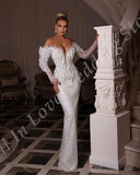 Runhufu New Luxury Wedding Dress Sparkly Sequin Dubai Off-Shoulder Long Sleeves Pearls Beads Mermaid Detachable Train Bridal Gown