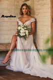 Runhufu Classic Off the Shoulder Wedding Gowns for Women Slit Lace Appliques Tulle Beadings Button A Line Robe De Mari¨¦e