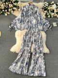 Runhufu American Fashion Senior Suits Bow Collar Batwing Sleeve Top+Pleated Long Pant 2024 Women Casual Loose Printed Sets