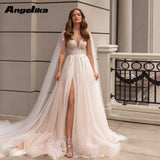 Runhufu Trendy Scoop Neck Wedding Dresses for Bride A Line Tulle High Slit Appliques Zipper Sleeveless Sweep Train Custom Made