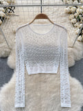 Runhufu Pearls Beadings Women Blouse O Neck Long Sleeves Mesh Sheer High Quality Korean Style Fashion Hotsweet Streetwear Tops