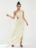 Runhufu Women's Off One Shoulder Party Long Dresses Evening Vestidos Vintage Sleeveless Hollowed Out Drawstring Pleated Dress