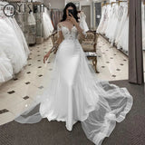 Runhufu Long Lace Sleeves Mermaid Wedding Dresses With Appliques V Neck Detachable Tulle Train Bridal Grown 2023 Robe De Mariée