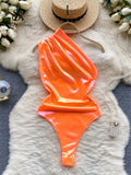 Runhufu Fashion Beach Bikini Playsuits Women One Shoulder Slim Open Crotch Sexy Swimsuits Summer Backless Sensual Bodysuits