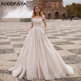 Runhufu Light Champagne Elegant Wedding Dress With Long Sleeves Scoop Illusion Bride Gowns Boho Tulle A-Line Vestidos De Novia