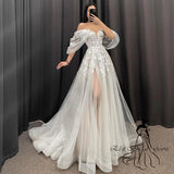 Runhufu A-Line Wedding Dresses 2024 Women V-Neck Short Sleeves Long Bride Dress Sweep Train Lace Applique Custom Occasion Gowns