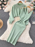 Runhufu Winter Women Knitted Sets Fashion Breading Long Sleeve Pearl Sweater+Knitted Camis Dress Sets Fashion Sweater Suits