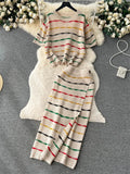 Runhufu Summer Knit Casual Two Pieces Sets Women Loose Short Camisole+ Skinny Long Dress Retro Stripe Hollow Out Design Suit