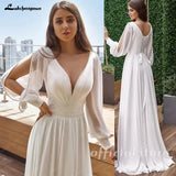 Runhufu Summer V Neck Pleat Belt Bridal Dress Women Long Puff Sleeves Bridal Gown Lace Up Back Chiffon A Line wedding dress