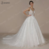 Runhufu Sexy Backless Scoop Lace Wedding Dresses For Bride France Court Train Glitter Skirt A Line Sleeveless Women Bridal Gown