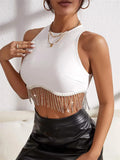 Runhufu Rhinestone Tasseled Summer Crop Tops Women Chic Sleeveless Crew Neck Tank Tops Club Party Streetwear Sexy Vest Tops