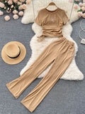 Runhufu Solid Women Slim Summer Sets 2024 Ruched Elastic Waist Pocket Fashion Temperament Wide Leg Pants Casual Two Piece Set