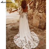 Runhufu Chic Colorful Embroidery Boho Wedding Dress Sexy V Neck Short Sleeve Open Back Chiffon Beach Bohemia Bridal Gowns