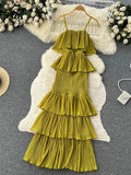 Runhufu 2024 Women Hotsweet Chiffon Sundress Strap Cake Backless Sheath Bodycon Long Dress Vacation Retro Elastic Beach Dress