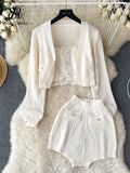 Runhufu Autumn Knitted Three Pieces Sets Long Sleeved Cardigan+ Single Breasted Strapless+ Stretch High Waisted Shorts Suits