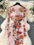 Runhufu Autumn Sexy Long Dress Fashion O Neck Long Sleeves Slim Korean Mesh Sheer Floral Print Maxi Dress