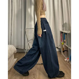 Runhufu Women Vintage Baggy Jeans Elastic Waist Oversized American Trouser Denim Wide Leg Streetwear Straight Basic Pants Y2k