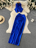 Runhufu Summer Fashion PU Leather Slim Suits Sleeveless Short T Shirt+Shiny Long Skirt Sets Vacation Sexy Two Pieces Sets