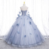 runhufu Maria Novia Blue Grey Quinceanera Dresses Long Sleeve Flower Long Sleeve Ball Gown Prom Dress Vestidos De 15 Anos