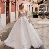 Runhufu Princess Wedding Dresses Boho Style Illusion Long Sleeves Scoop Bride Gowns Lace Applique A-Line vestidos de novia