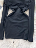 Runhufu Sexy PU Skinny Midi Dress Slash Neck Long Sleeves Patchwork Lace Up Bandage Design Women Streetwear Slim Bodycon Dress