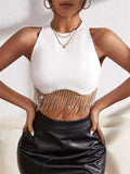 Runhufu Rhinestone Tasseled Summer Crop Tops Women Chic Sleeveless Crew Neck Tank Tops Club Party Streetwear Sexy Vest Tops