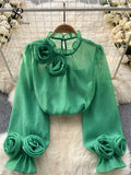 Runhufu Ruffles Sweet Sheer Blouse O Neck Long Sleeves 3D Floral Loose Top Korean Style Streetwear Vintage OL Casual Shirt