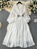 Runhufu Vintage Senior Pleated Dress V Neck Lantern Sleeve Zipper Bow Diamonds High Quality Lady France Elegant A Line Dress
