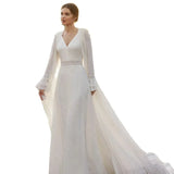 Runhufu Two Pieces Wedding Dresses with Cape Lace Bridal Gowns 2024 Long Sleeves Bride Dress V Neckline Wedding Gowns Back Out