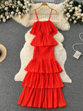Runhufu 2024 Women Hotsweet Chiffon Sundress Strap Cake Backless Sheath Bodycon Long Dress Vacation Retro Elastic Beach Dress