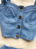 Runhufu Female Chic Retro Suits Strap Button Elasticity Short Tank+Pleated Mini Skirt Fashion Hotsweet Denim Two Pieces Set