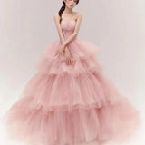 Runhufu Pink Ball Gown Wedding Dresses Classic Sexy Strapless Vestidos De Novia With Small Train Fashion Tiered Suknia Slubna