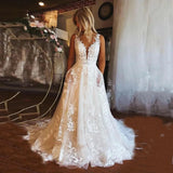 Runhufu Ivory Lace Wedding Dresses A Line V Neck Backless Sweep Train 2024 Summer Bridal Gowns Country Plus Size Marriage