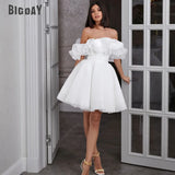Runhufu Mini Short Wedding Dresses for Women 2024 Bride A Line Wedding Gowns Off the Shoulder Ruffle Belt Sleeveless Bridal Dress