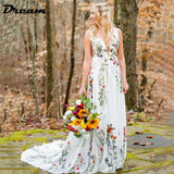 Runhufu A Line Embroidered Colorful Flowers Pastrol Wedding Dress Sleeveless V Neck Open Back Chiffon Boho Bridal Gowns