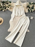 Runhufu Fashion Casual Sports Knitted Suits Zipper Hoodie+Elastic Waist Drawstring Wide Legs Long Pants Winter Two Pieces Sets