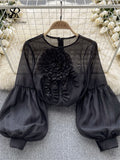 Runhufu Fashion Vintage Court Style Blouse Women Zipper Transparent Three Dimensional Floral Design 2024 Casual Loose T Shirt